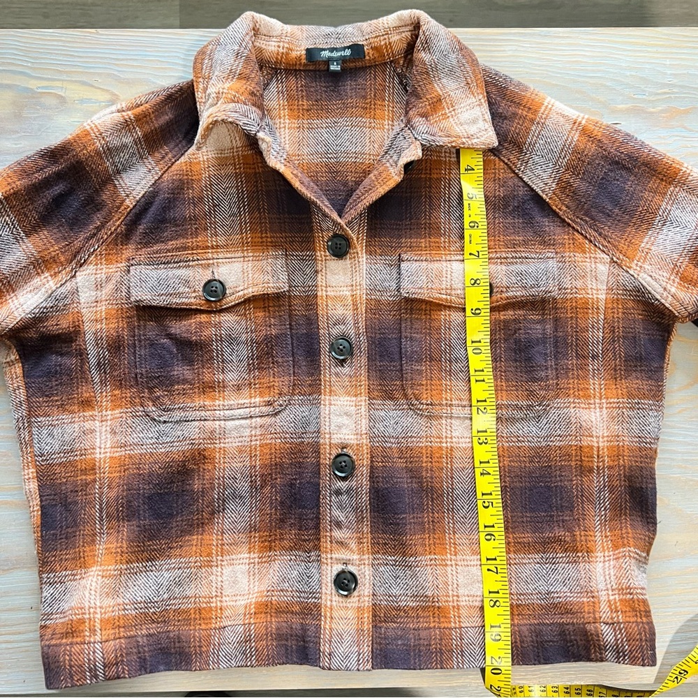 Madewell Flannel Crop Shirt-Jacket in Plaid -Size Small -Orange, Brown - Picture 6 of 7
